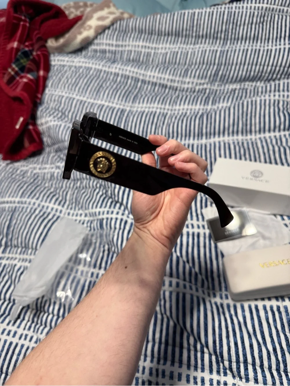 Versace Black Rectangular Sunglasses with Gold Medallion Temples